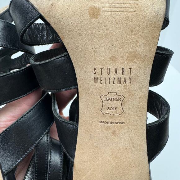 Stuart Weitzman Outing Black Leather Strappy Cage Studded Stiletto Heel Sandal - Picture 11 of 12